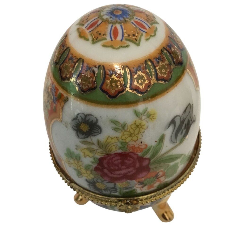 VTG (2) Porcelain Egg Trinket Boxes Pair Floral Gilt Hinged Gold Tripod Stand 4"